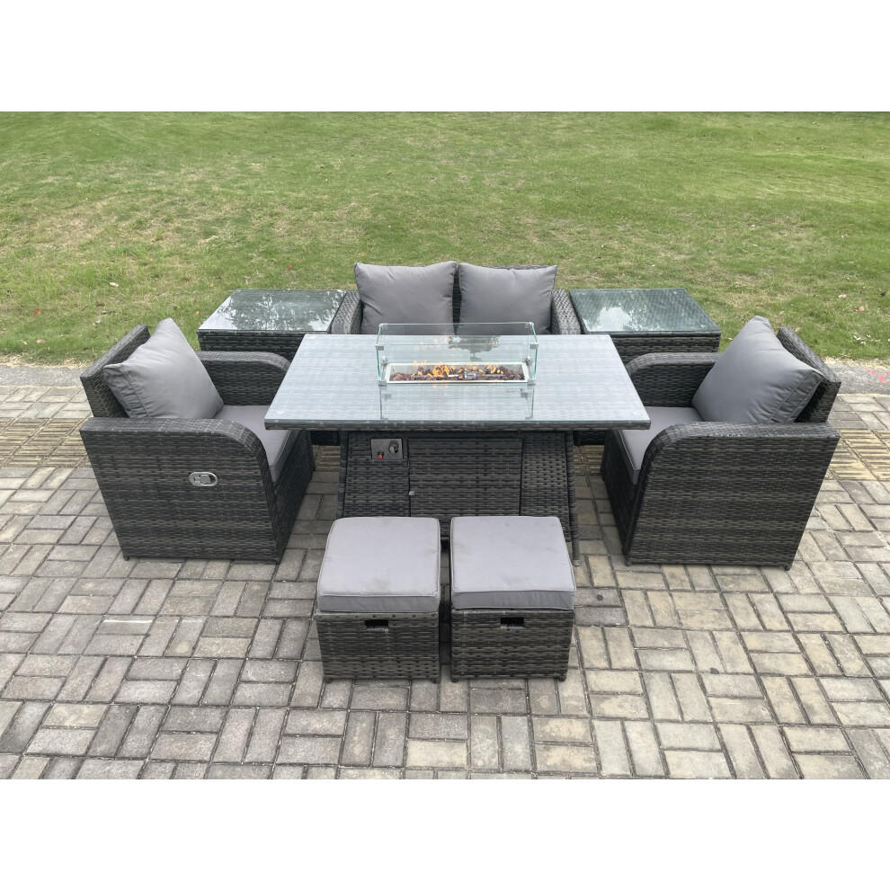 Rattan Garden Furniture Set Outdoor Patio Gas Fire Pit Dining Table and Chairs with Love Seat Sofa