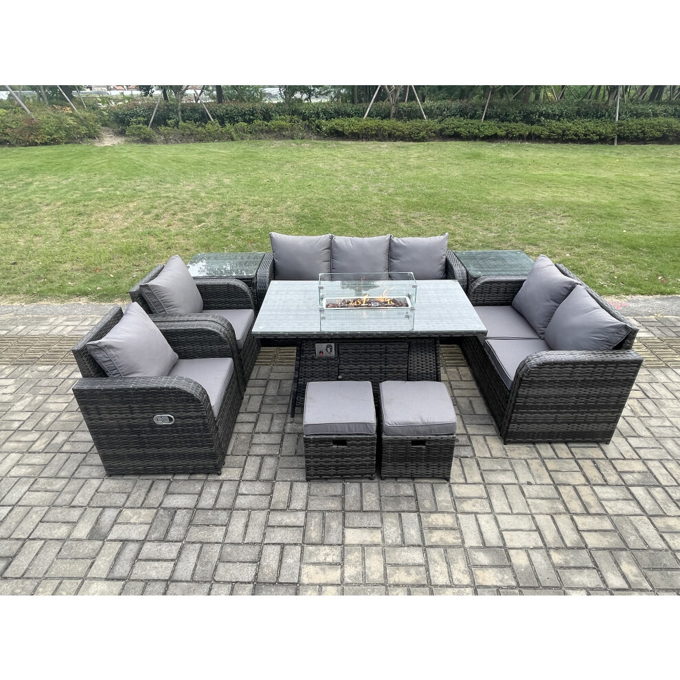 Fimous 9 Seater Outdoor Rattan Garden Furniture Set Propane Gas Fire Pit Table And Sofa Chair Set With 2 Side Tables 2 Small Footstools
