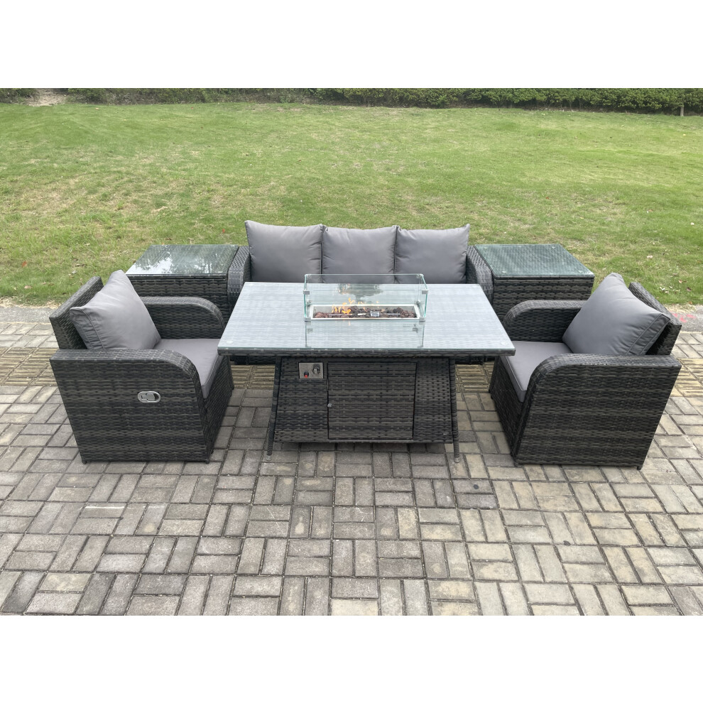 Outdoor Rattan Garden Furniture Set Propane Gas Fire Pit Table Burner with Lounge Sofa 2 Side Tables