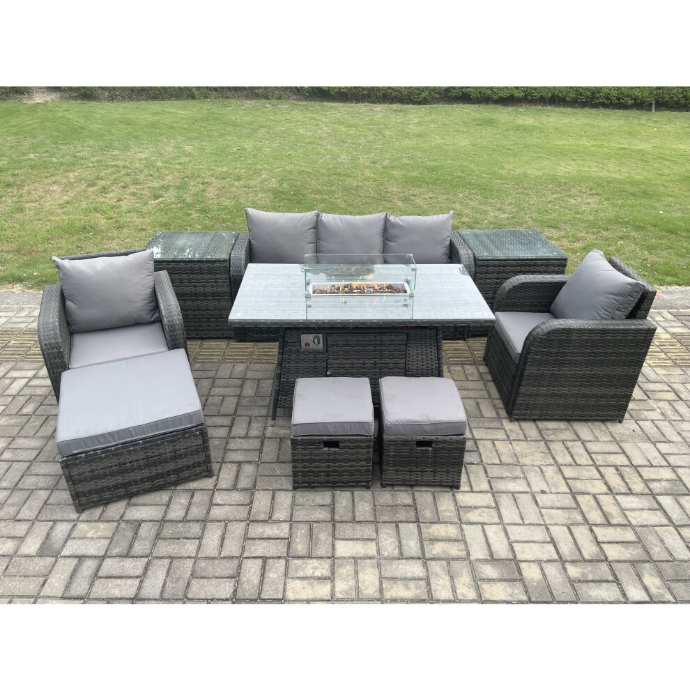 Wicker Rattan Garden Furniture Sofa set Gas Fire Pit Dining Table Indoor Outdoor with 2 Side Table Chair 3 Footstools