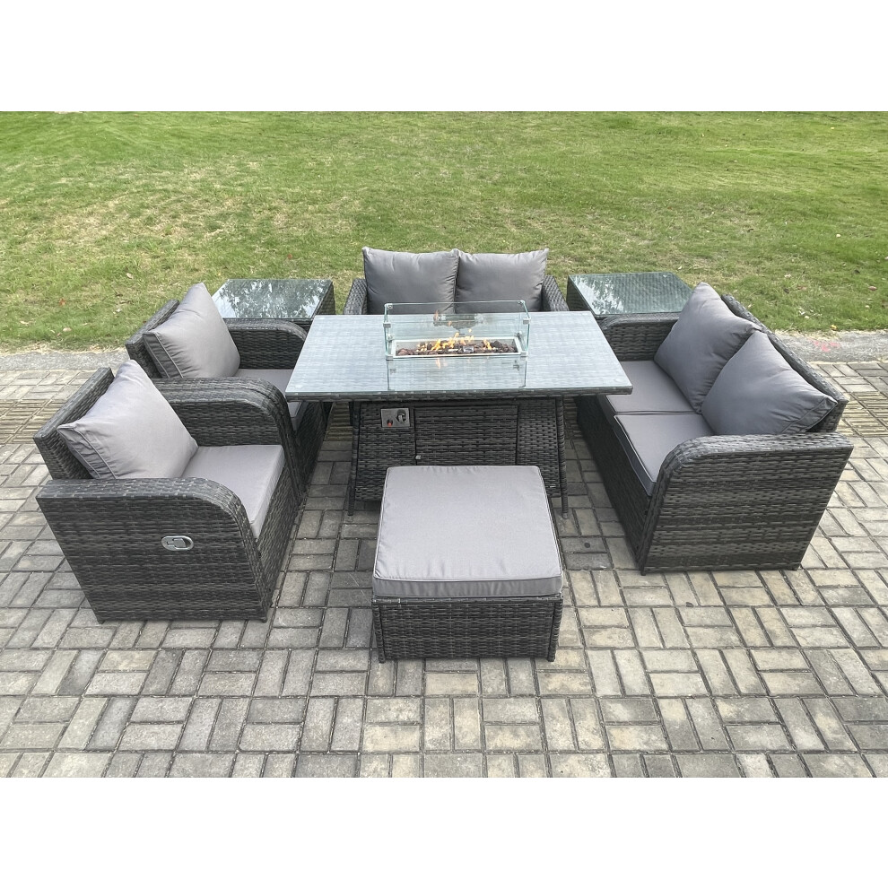 7 Seater Rattan Garden Furniture Set Propane Gas Fire Pit Table and Sofa Chair set with 2 Side Tables Big Footstool