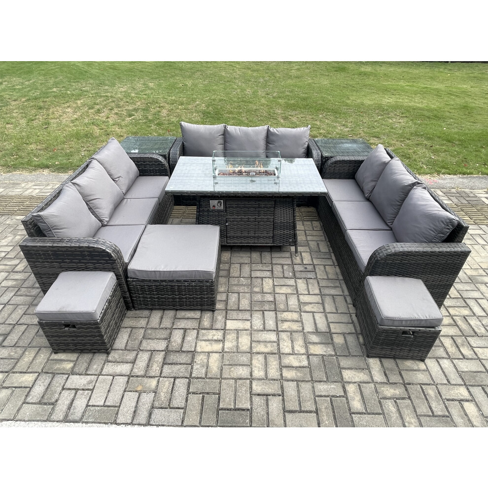 Outdoor Rattan Furniture Garden Dining Set Gas Fire Pit Table With 2 Side Tables Lounge Sofa 3 Footstool