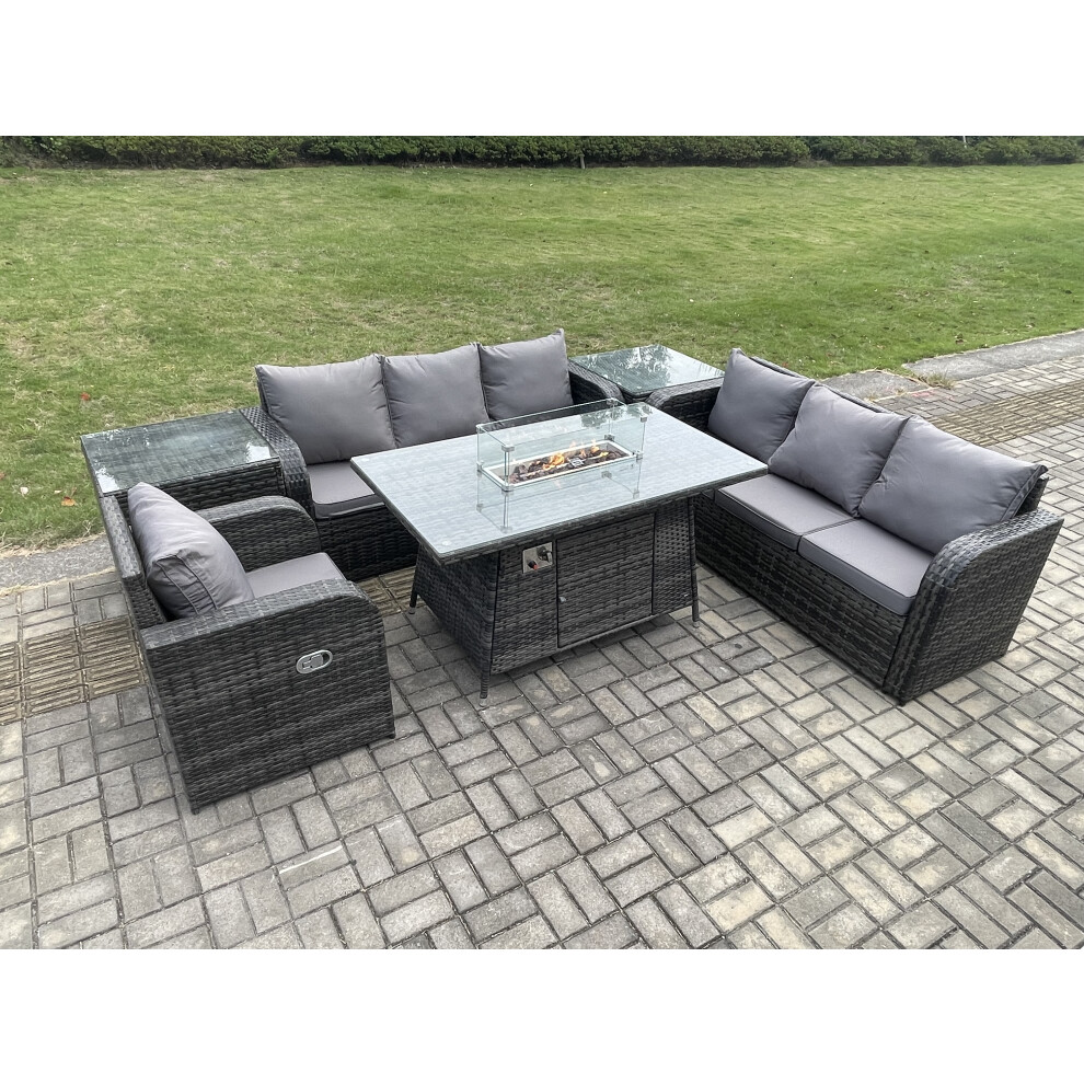 Rattan Outdoor Furniture Gas Fire Pit Dining Table Gas Heater Reclining Chair 3 Seater Sofa Sets with 2 Side Tables 7 Seater