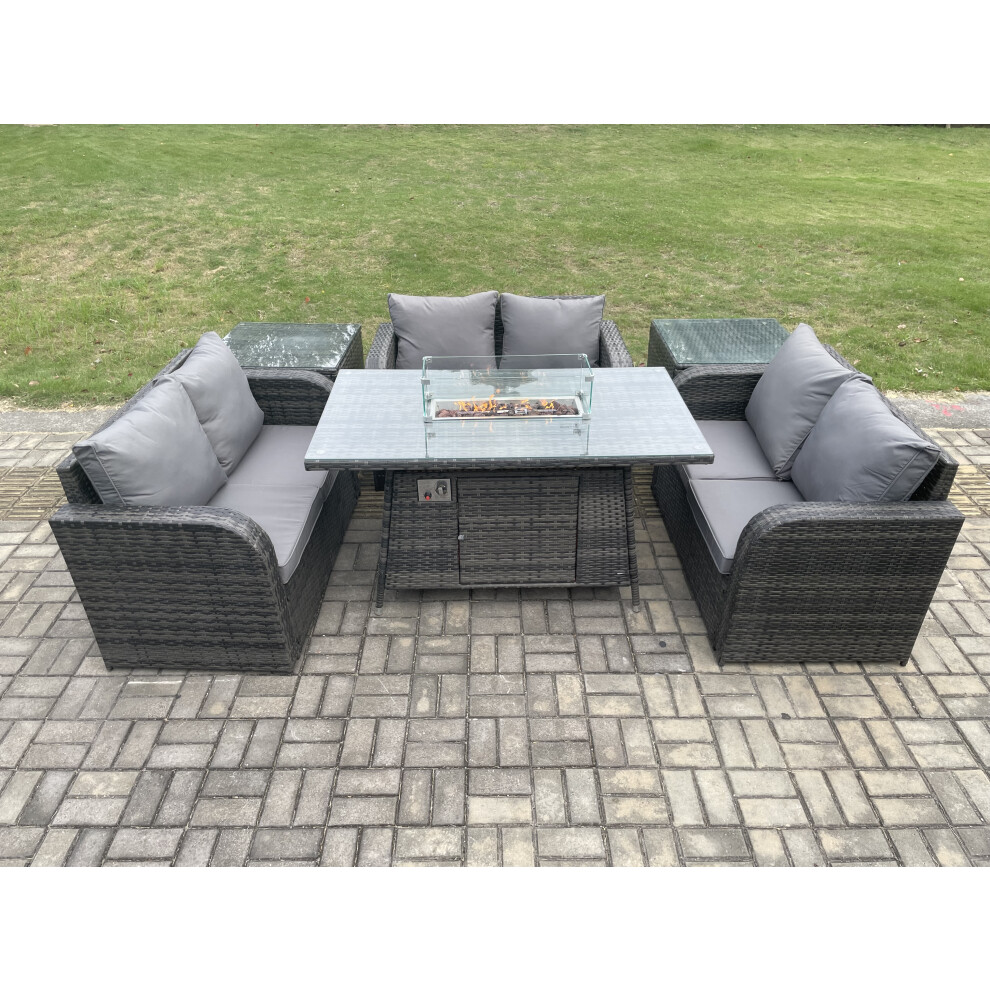 Rattan Outdoor Garden Furniture Sofa Set Gas Fire Pit Dining Table Gas Heater with 2 Side Tables Love Sofa Dark Grey Mixed