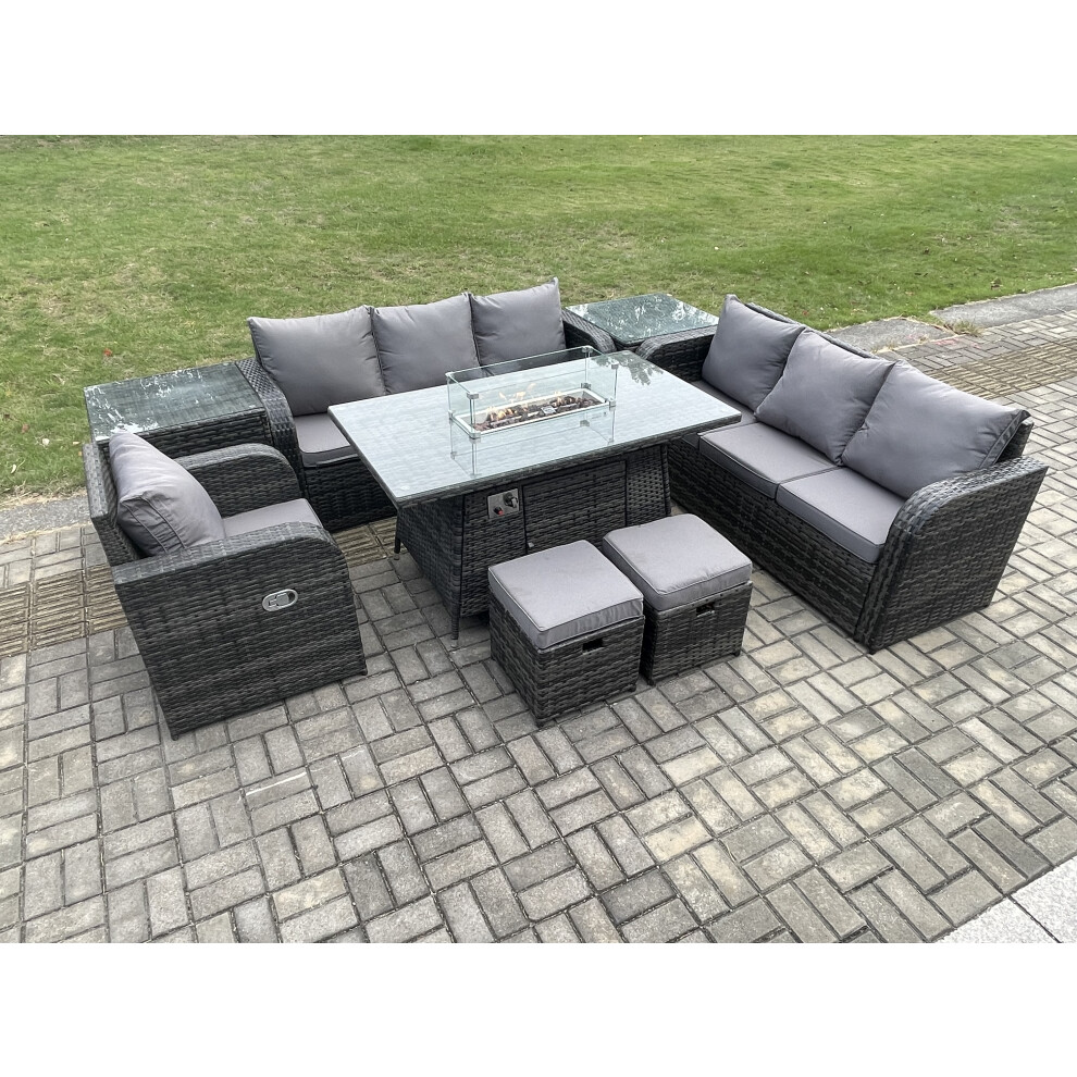 9 Seater Wicker Rattan Garden Furniture Set Gas Fire Pit Dining Table Reclining Chair 3 Seater Sofa Set Indoor Outdoor with Side Table