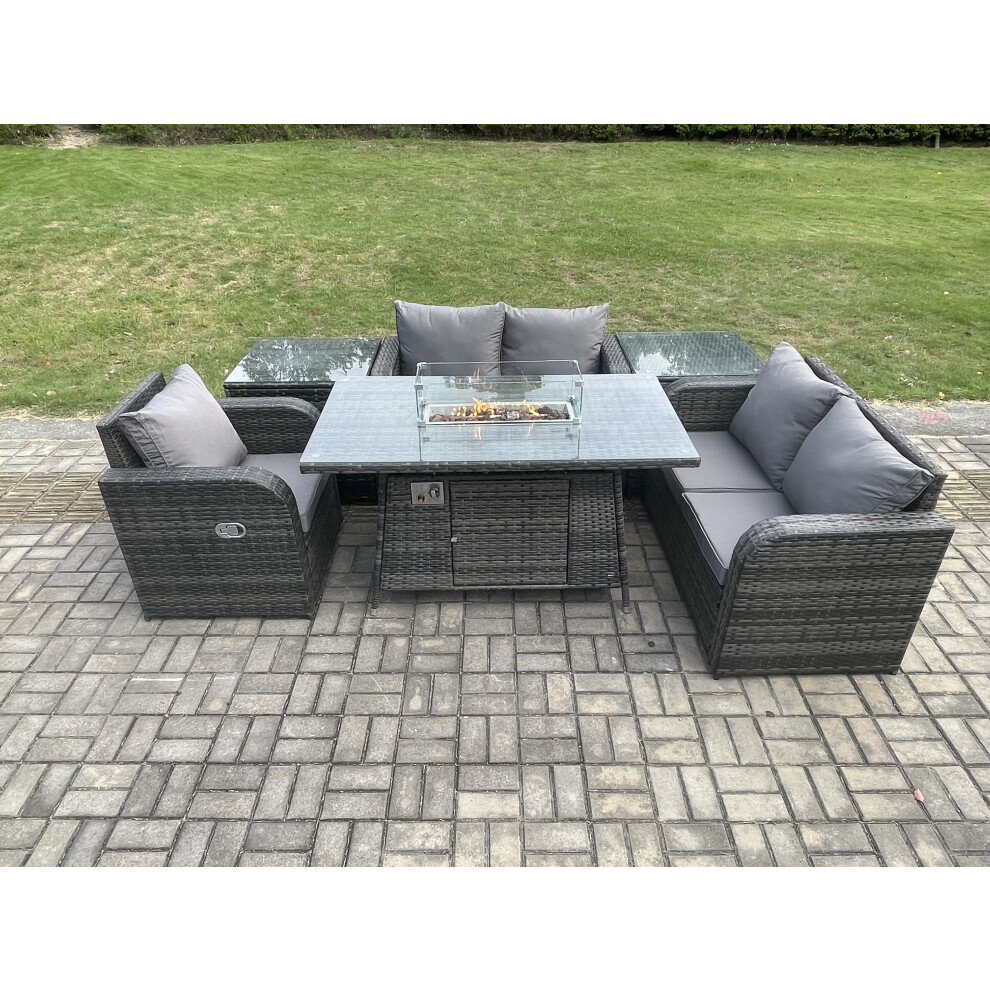 Rattan Garden Furniture Set with Gas Fire Pit Dining Table,2 Side Tables Indoor Outdoor 6 piece Love Sofa set