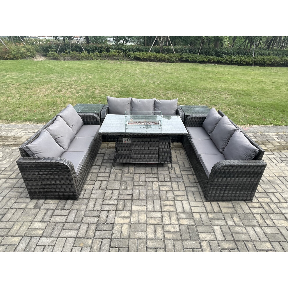 Rattan Furniture Garden Dining Set Gas Fire Pit Table With 2 Side Tables Lounge Sofa Dark Grey Mixed