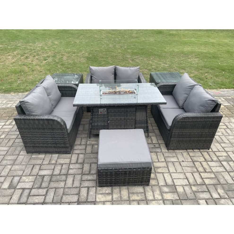 Rattan Outdoor Garden Furniture Sofa Set Gas Fire Pit Dining Table Gas Heater with 2 Side Tables Love Sofa Big Footstool