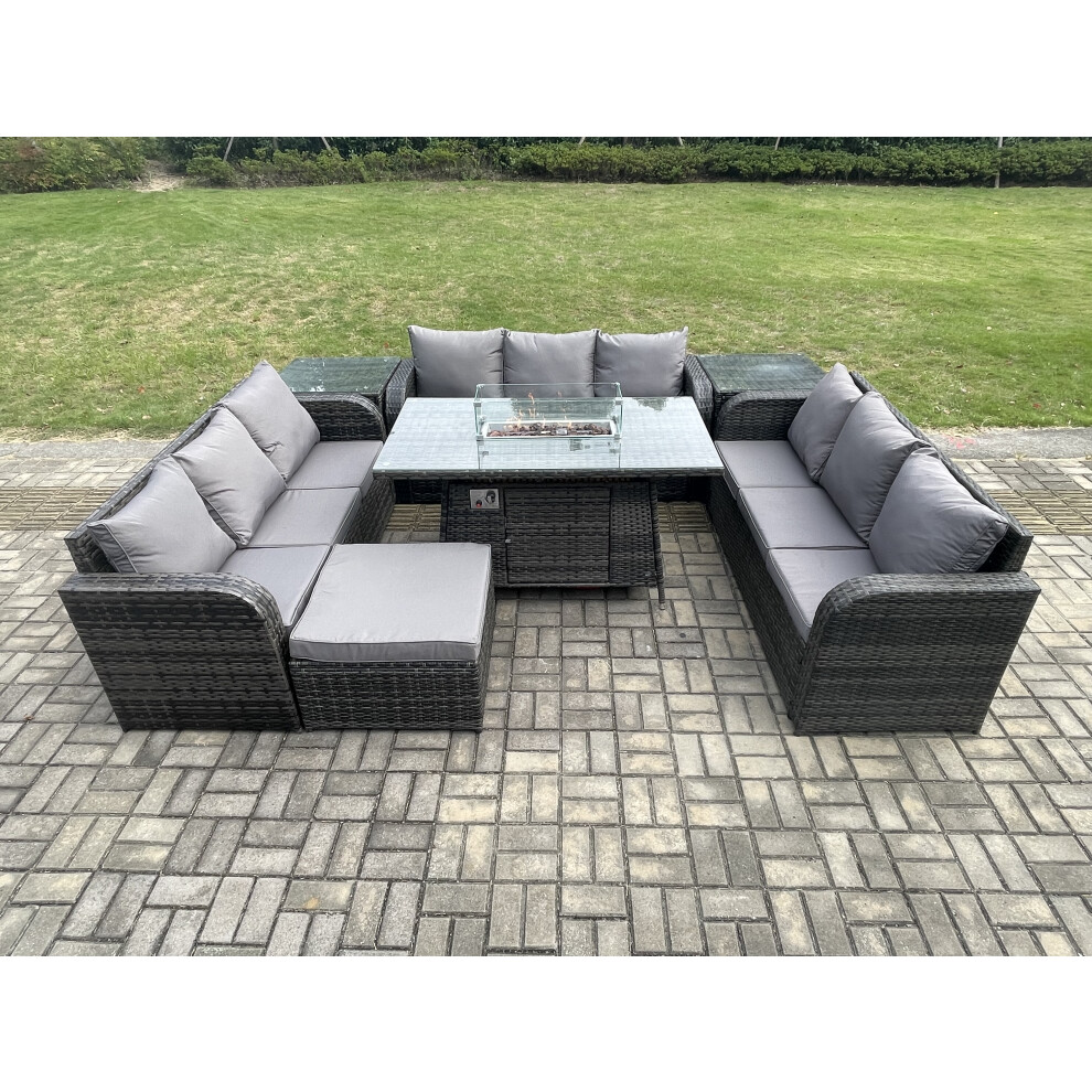 Rattan Furniture Garden Dining Set Gas Fire Pit Table With 2 Side Tables Lounge Sofa Big Footstool Dark Grey Mixed