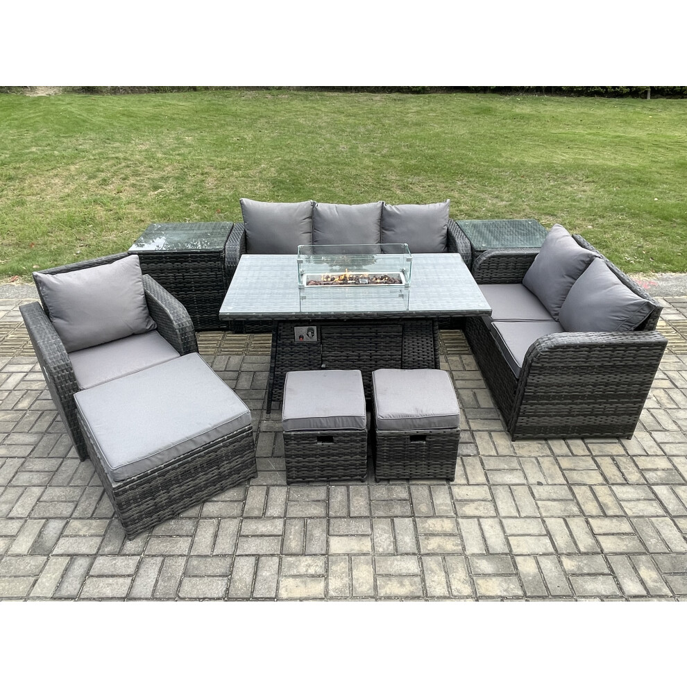 Fimous Garden Patio Furniture Wicker Rattan Gas Fire Pit Table And Sofa Chair Set With 2 Side Tables 3 Footstool