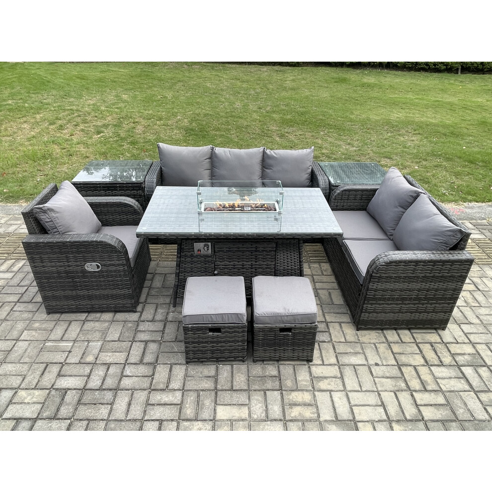 Garden Patio Furniture Wicker Rattan Gas Fire Pit Table and Sofa Chair set with 2 Side Tables 2 Small Footstool