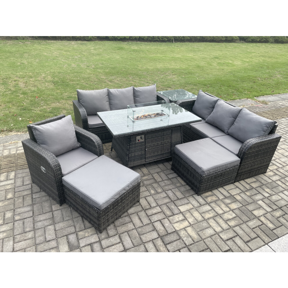 9 Seater Wicker Rattan Garden Furniture Set Gas Fire Pit Dining Table Reclining Chair 3 Seater Sofa Set Indoor Outdoor With Side Table