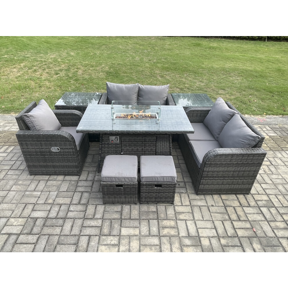 Outdoor Sofa Rattan Garden Furniture Set Patio Gas Fire Pit Dining Table and Reclining Chair set with 2 Side Tables 2 Small Footstools Dark