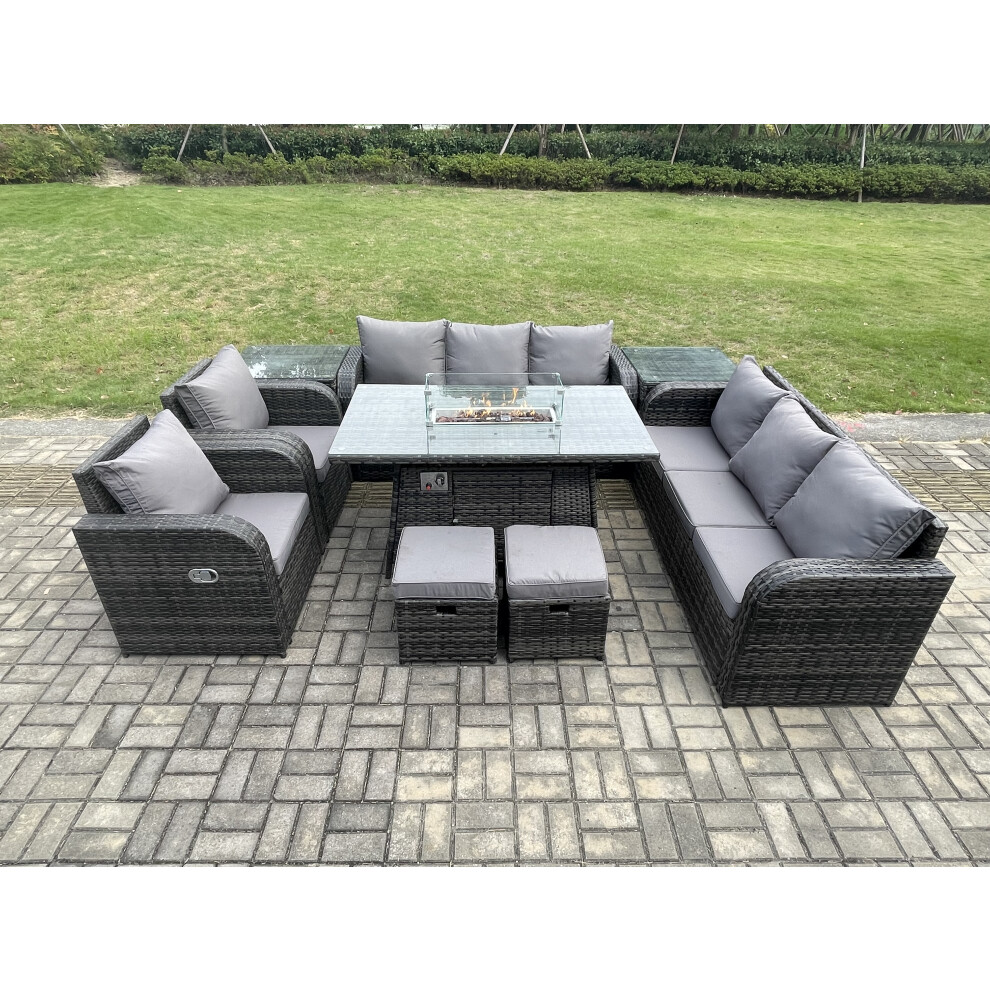 Fimous Wicker Rattan Garden Furniture Set Gas Fire Pit Dining Table Indoor Outdoor With 2 Side Tables Chair Loveseat Sofa 2 Small Footstools