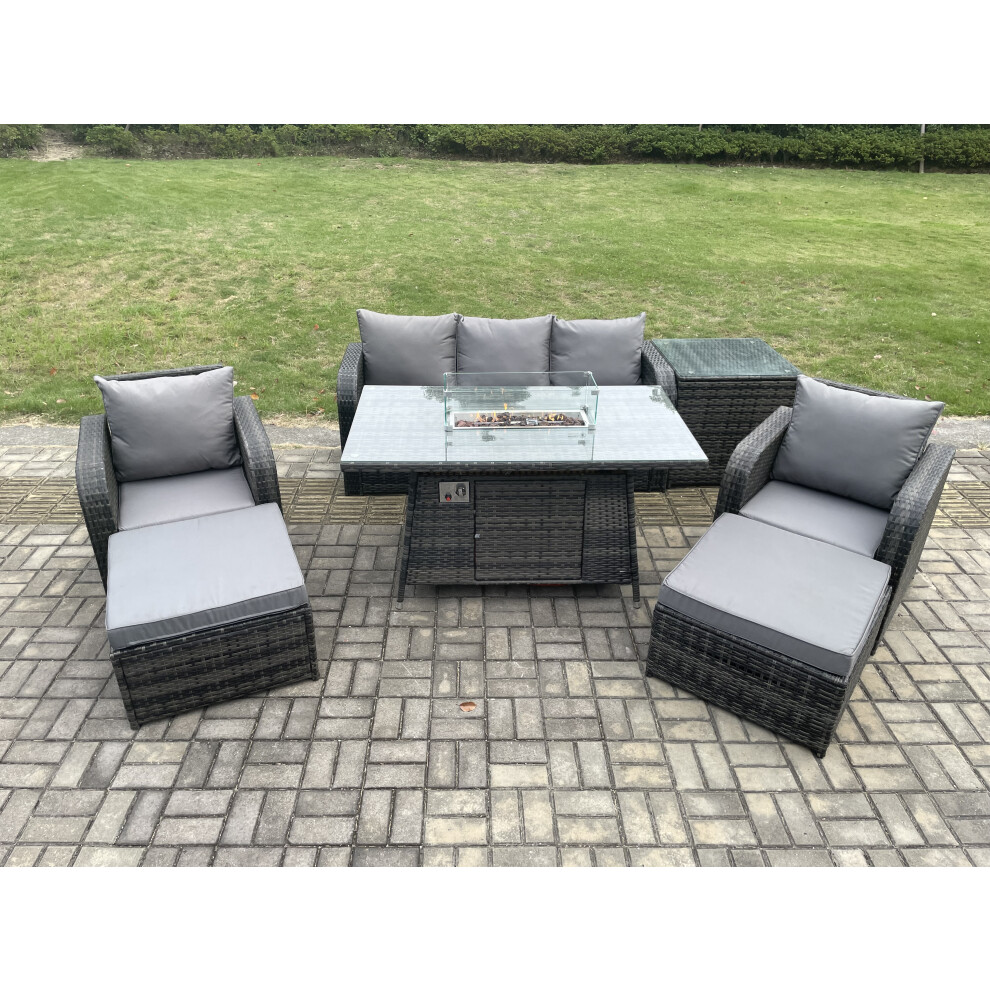 Wicker Rattan Garden Furniture Sofa Set Gas Fire Pit Dining Table Indoor Outdoor with Side Table Chair 2 Big Footstool