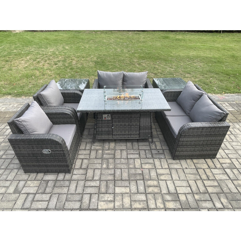 6 Seater Rattan Garden Furniture Set Propane Gas Fire Pit Table and Sofa Chair set with 2 Side Tables