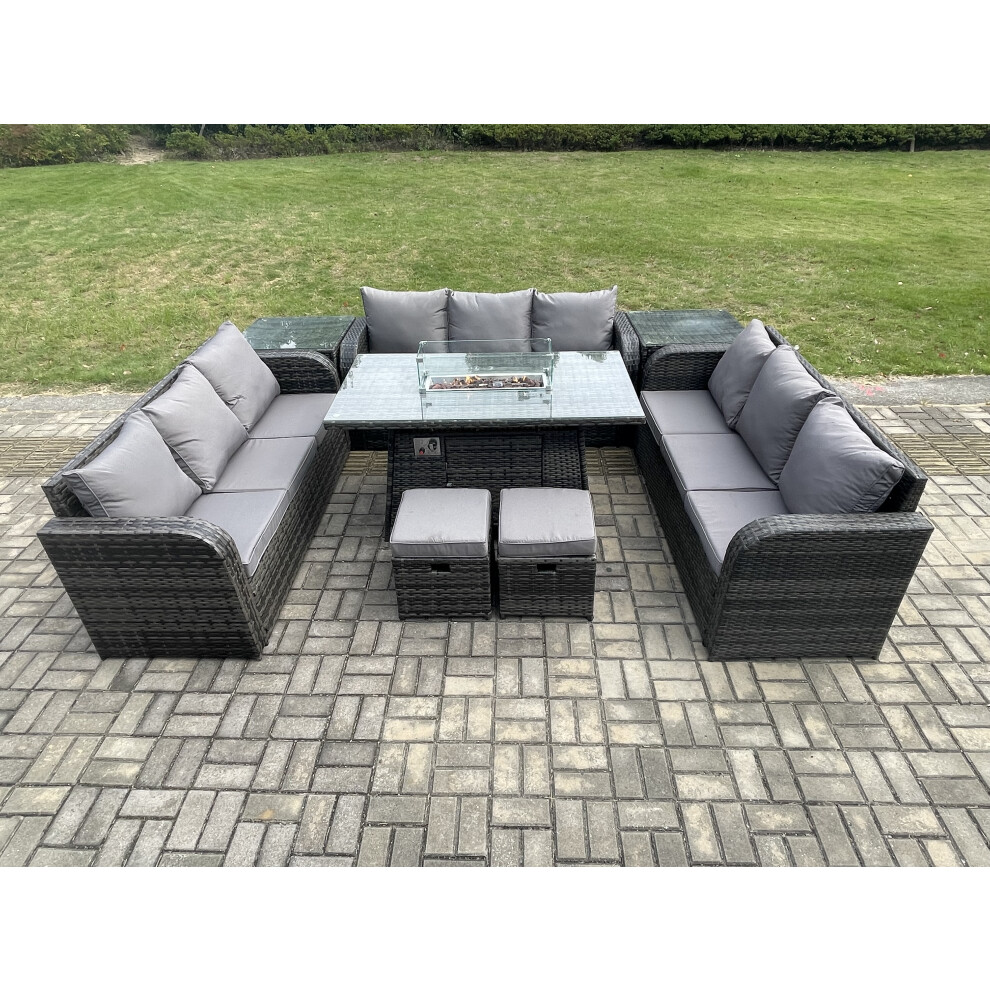 Outdoor Rattan Furniture Garden Dining Set Gas Fire Pit Table With 2 Side Tables Lounge Sofa 2 Small Footstool