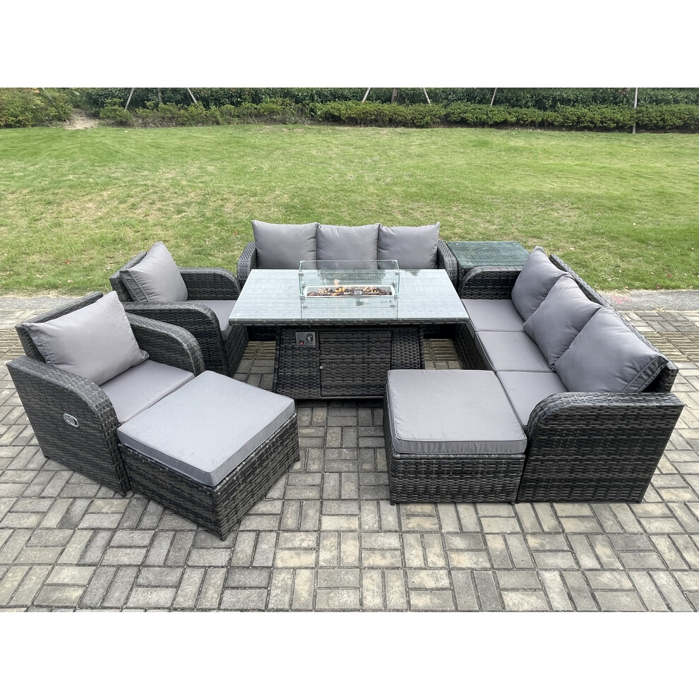 Rattan Outdoor Furniture Gas Fire Pit Rectangle Dining Table Gas Heater Adjustable Reclining Chair 3 Seater Sofa Sets