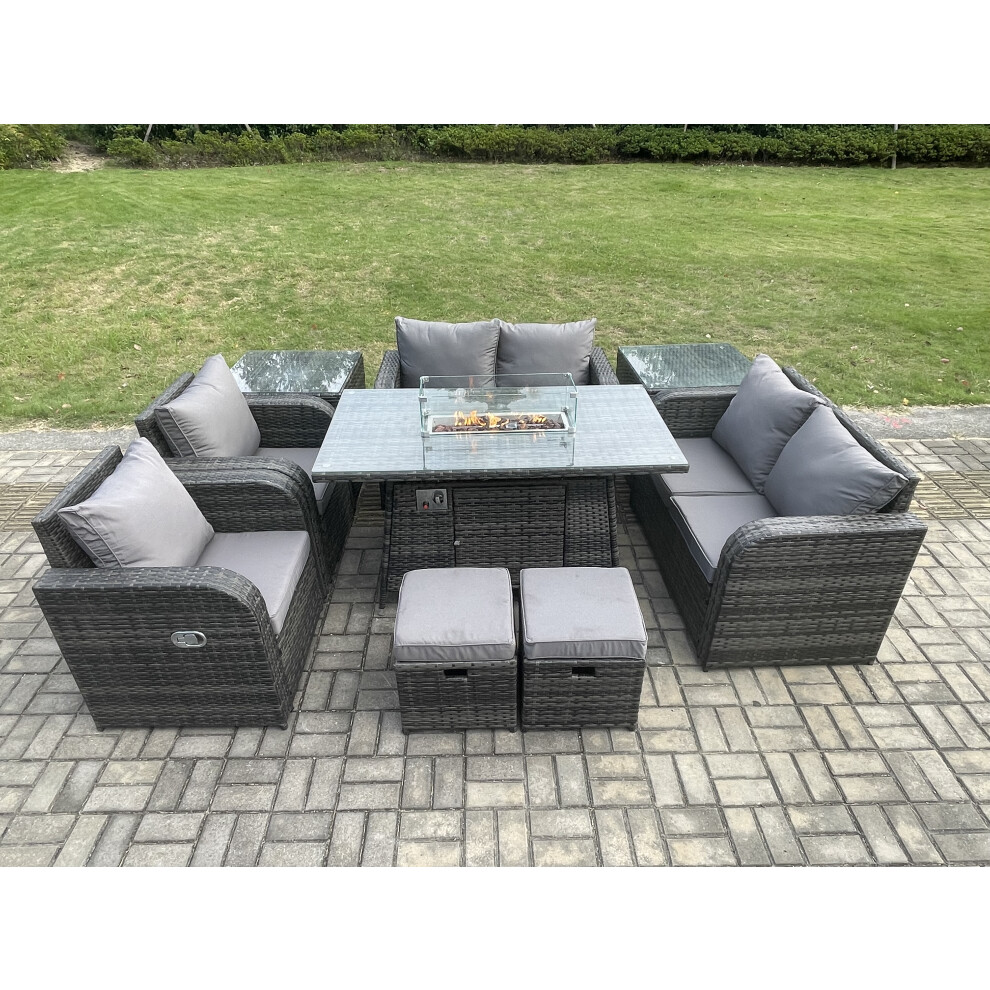 8 Seater Rattan Garden Furniture Set Outdoor Propane Gas Fire Pit Table and Sofa Chair set with 2 Side Tables Footstools