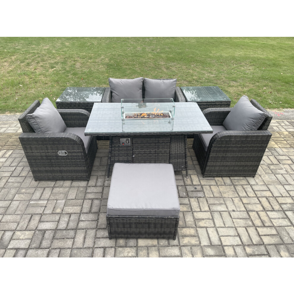 Rattan Garden Furniture Set Outdoor Patio Gas Fire Pit Dining Table and Chairs with 2 Side Tables