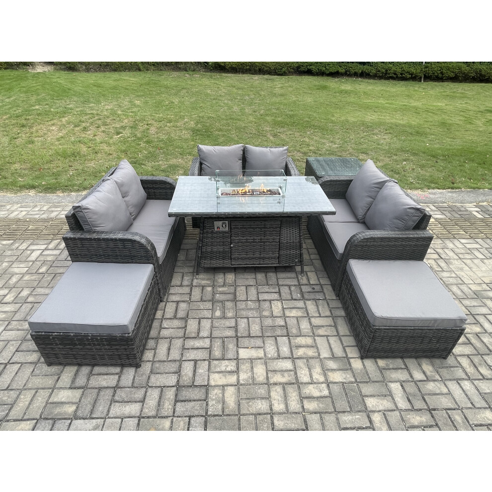 Rattan Outdoor Garden Furniture Sofa Set Gas Fire Pit Dining Table Gas Heater with Side Table Love Sofa 2 Big Footstool