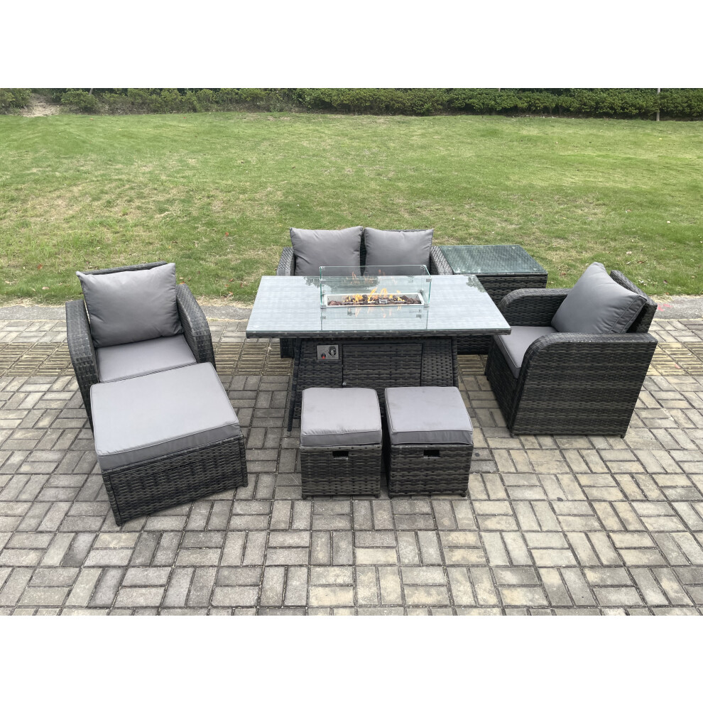 Rattan Garden Furniture Set Outdoor Patio Gas Fire Pit Dining Table And Chairs With 3 Footstools