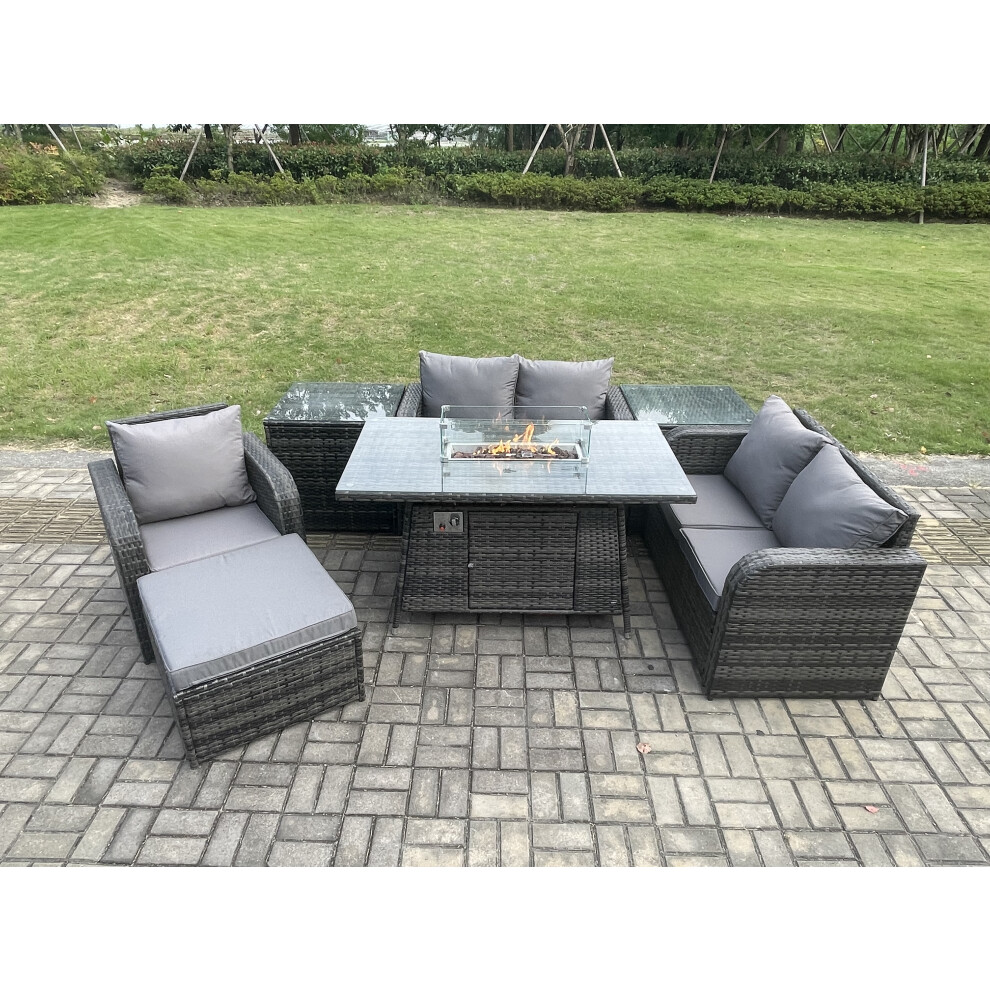 Rattan Garden Furniture Set with Gas Fire Pit Dining Table,2 Side Tables and Big Footstool Indoor Outdoor 7 piece Loveseat Sofa set