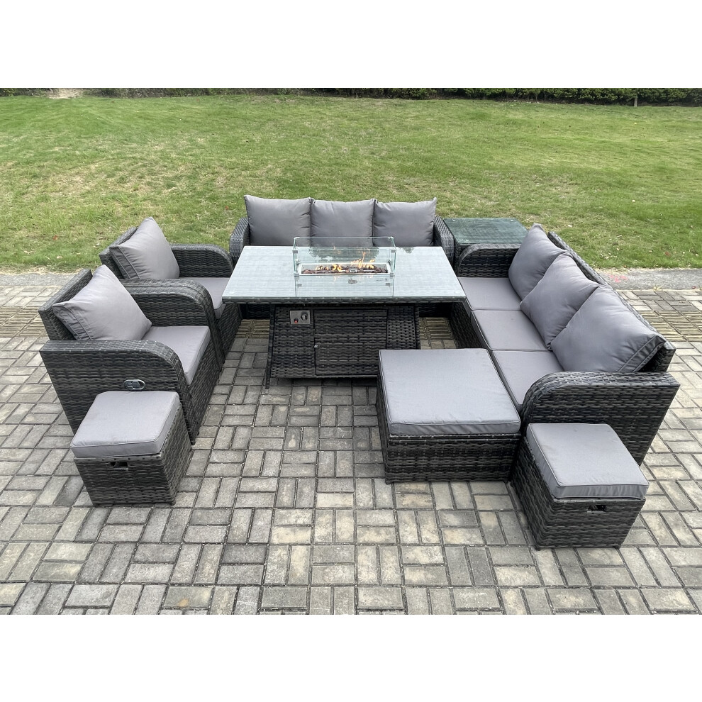 Wicker Rattan Garden Furniture Set Gas Fire Pit Dining Table Indoor Outdoor with Side Tables Chair Loveseat Sofa