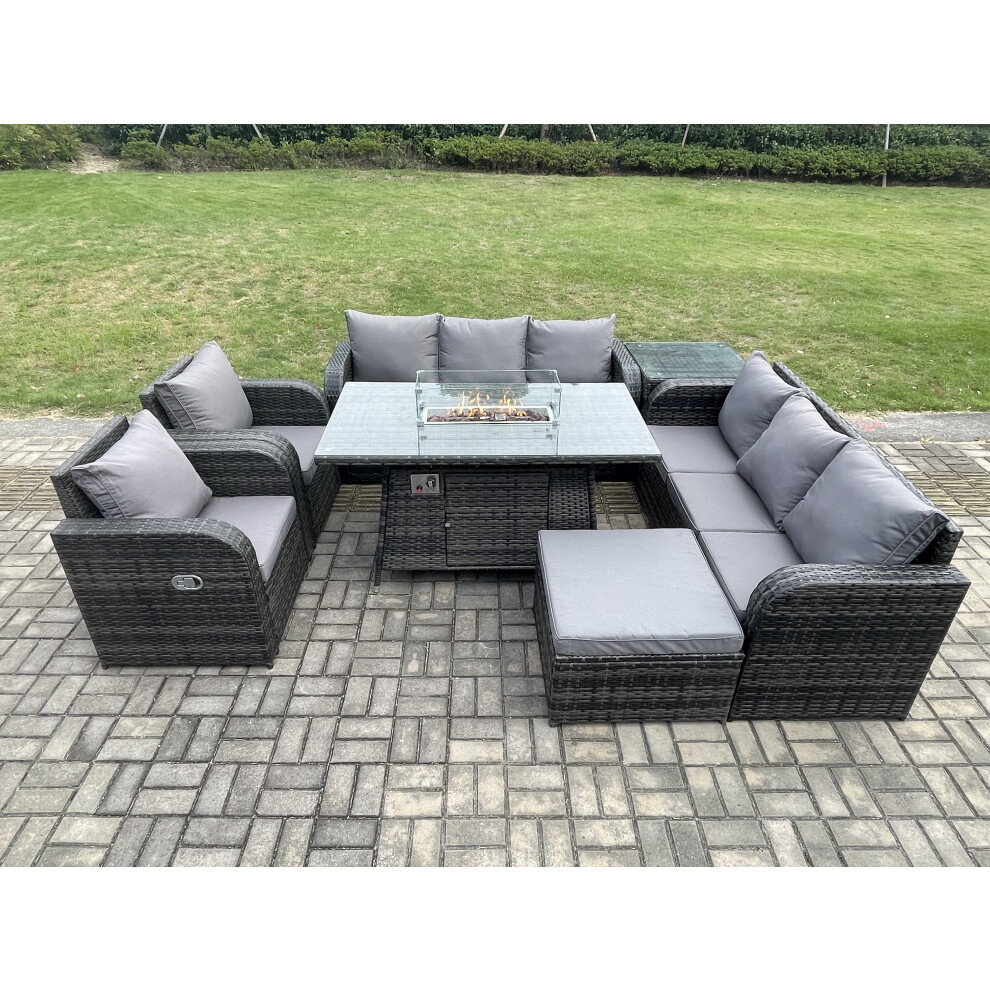 Garden Patio Furniture Wicker Rattan Gas Fire Pit Table and Sofa set with Recling Chair Side Table Big Footstool