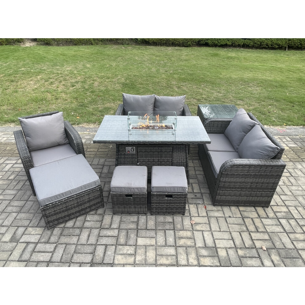 Outdoor Sofa Rattan Garden Furniture Set Patio Gas Fire Pit Dining Table and Reclining Chair set with Side Table 3 Footstools