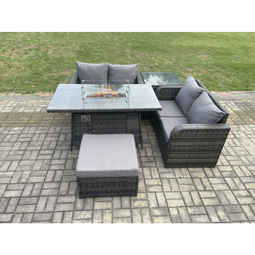 Rattan Garden Furniture Set with Gas Fire Pit Table 5 Pieces Outdoor Loveseat Sofa Set Dark Grey Mixed