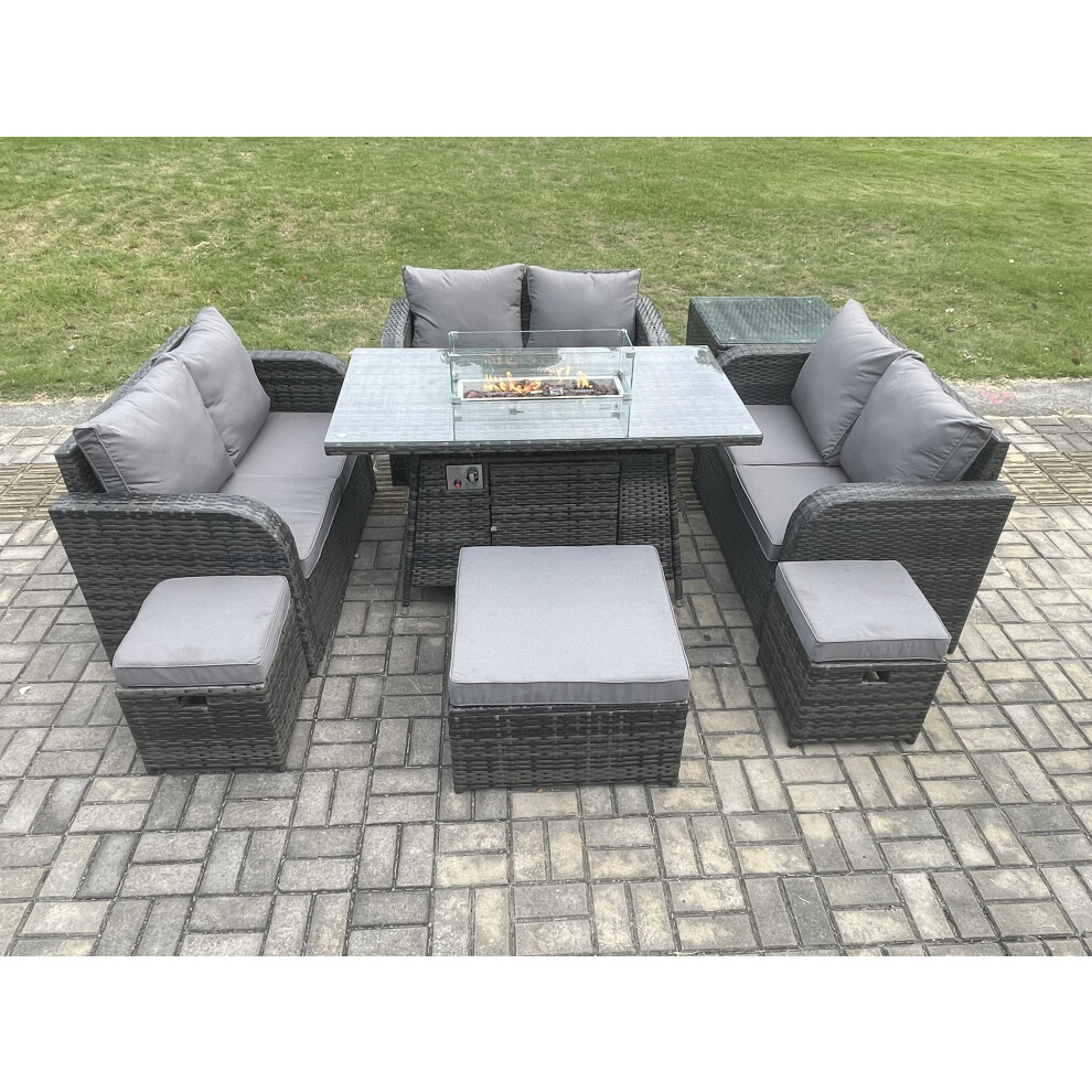 9 Seater Outdoor Rattan Furniture Garden Dining Set Gas Fire Pit Table with Side Table Love Sofa 3 Footstools Dark Grey Mixed