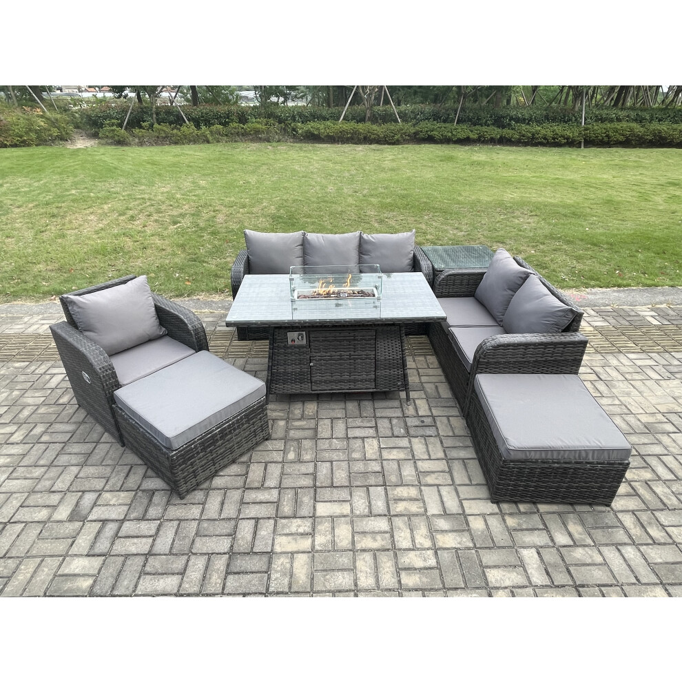 Garden Patio Furniture Wicker Rattan Gas Fire Pit Table and Sofa Chair set with Side Tables 2 Big Footstool