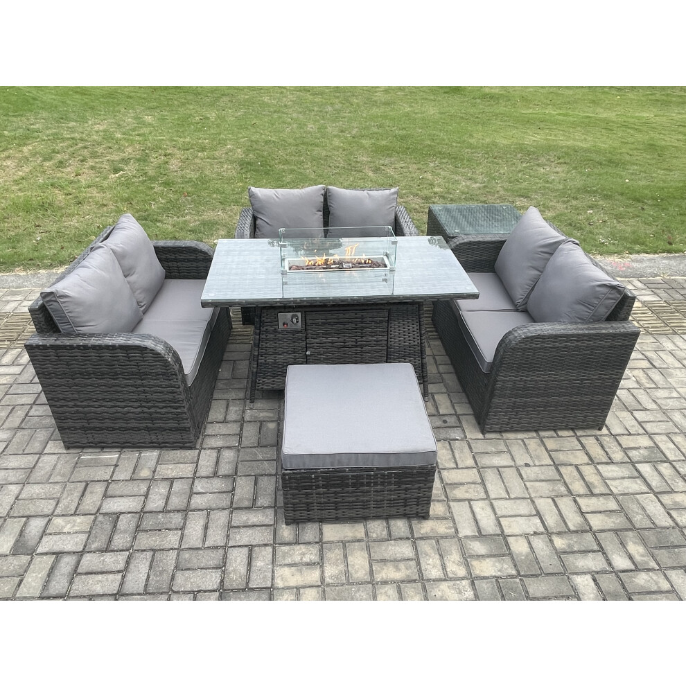 Rattan Outdoor Garden Furniture Sofa Set Gas Fire Pit Dining Table Gas Heater with Side Table Love Sofa Big Footstool