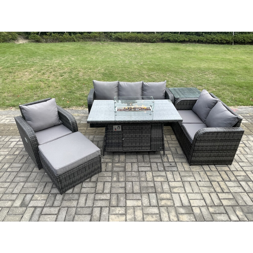 Garden Patio Furniture Wicker Rattan Gas Fire Pit Table and Sofa Chair set with Side Table Big Footstool