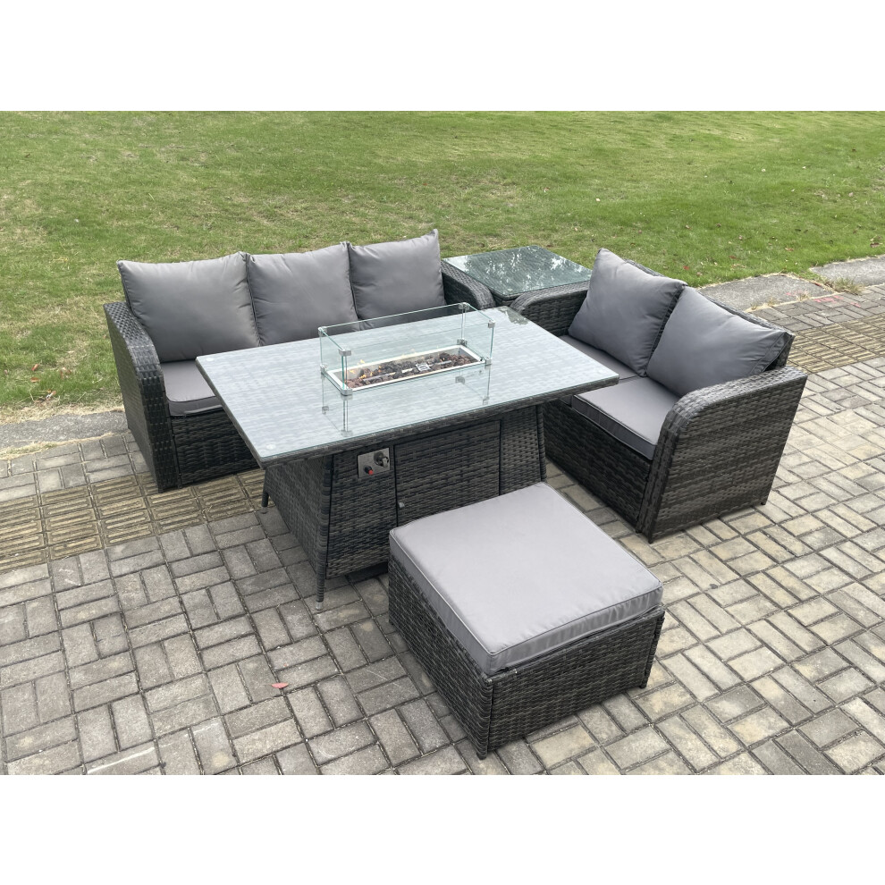 PE Wicker Outdoor Rattan Garden Furniture Set Propane Gas Fire Pit Table and Sofa set with Side Table Big Footstool