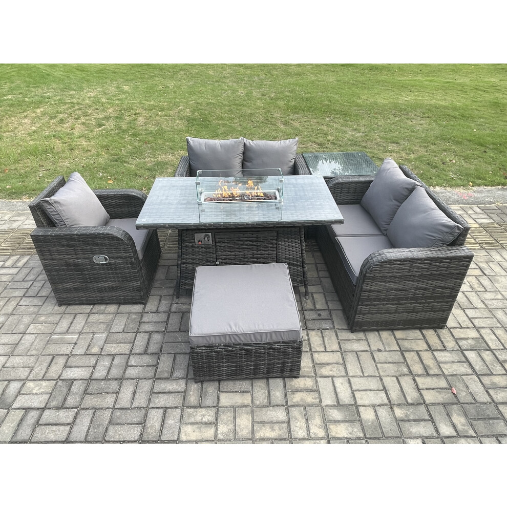 Rattan Garden Furniture Set with Gas Fire Pit Dining Table,Big Footstool and Side Table Indoor Outdoor 6 piece Love Sofa set