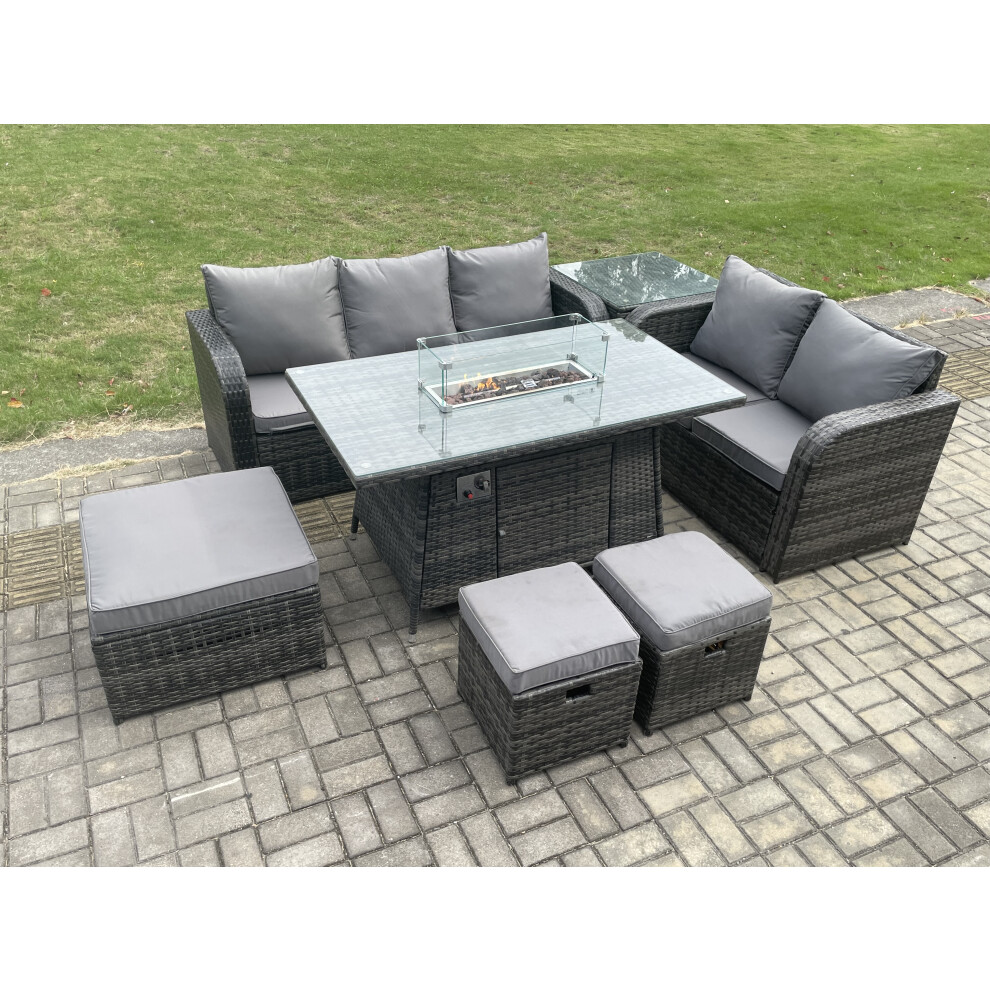 Garden Patio Furniture Wicker Rattan Gas Fire Pit Table And Sofa Chair Set With Side Table 3 Footstools Dark Grey Mixed