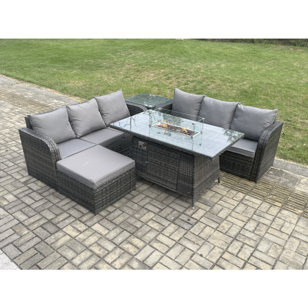 Garden Patio Furniture Wicker Rattan Gas Fire Pit Table and Sofa set with Side Table Big Footstool