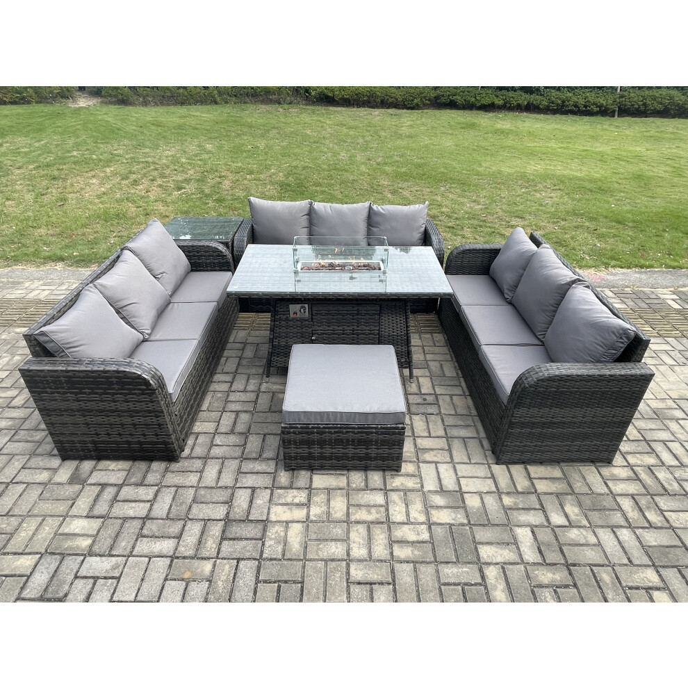 Rattan Furniture Garden Dining Set Gas Fire Pit Table With Side Table 3 Seater Sofa Footstool Dark Grey Mixed