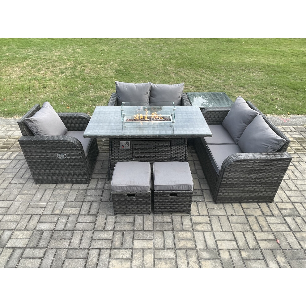 Rattan Garden Furniture Set with Gas Fire Pit Dining Table,Side Table and 2 Small Footstools Indoor Outdoor 7 piece Loveseat Sofa set