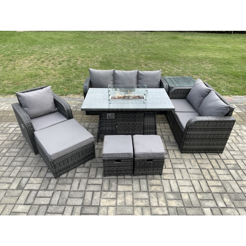 Garden Patio Furniture Wicker Rattan Gas Fire Pit Table and Sofa Chair set with Side Table 3 Footstool