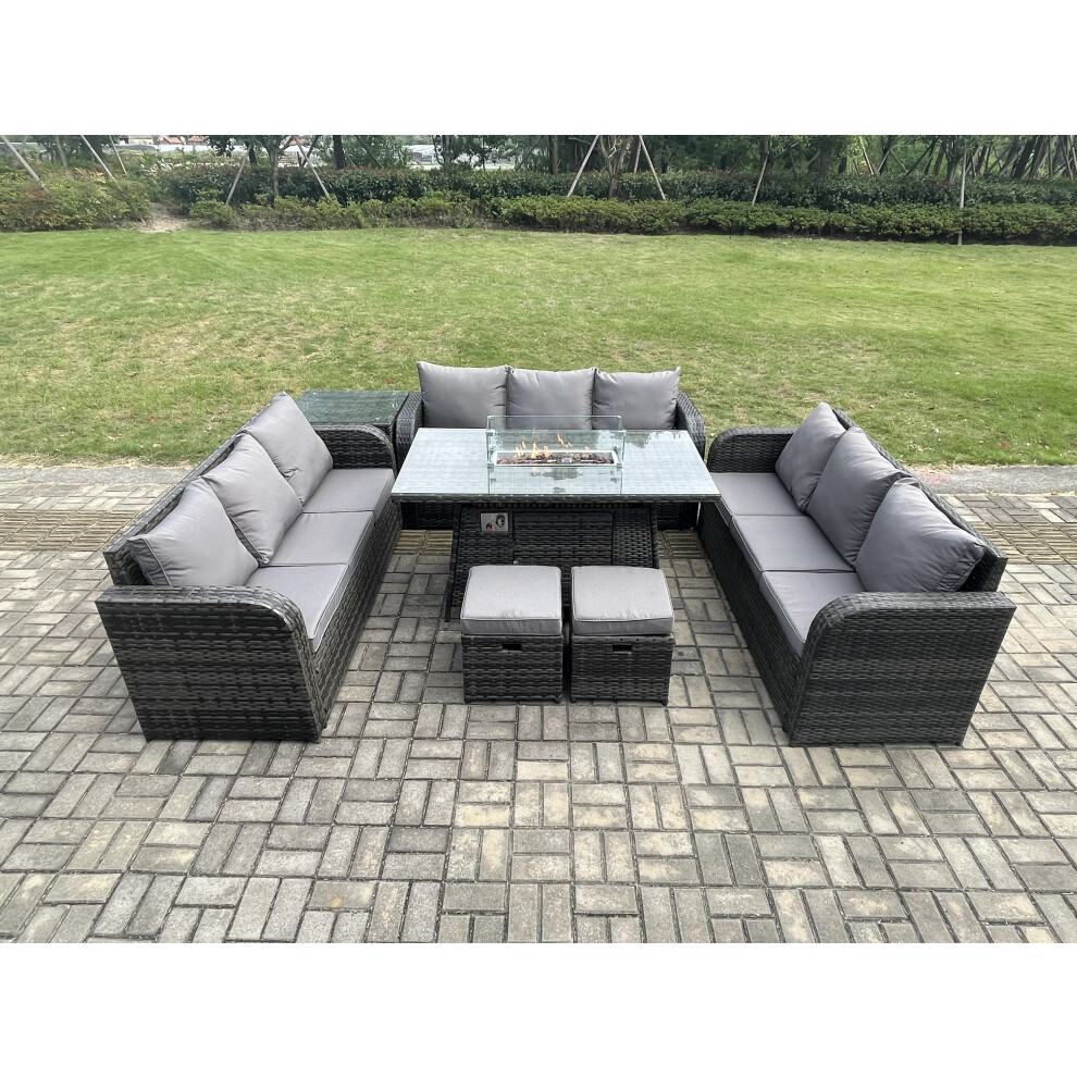 Rattan Furniture Garden Dining Set Gas Fire Pit Table With Side Table Lounge Sofa 2 Small Footstools Dark Grey Mixed