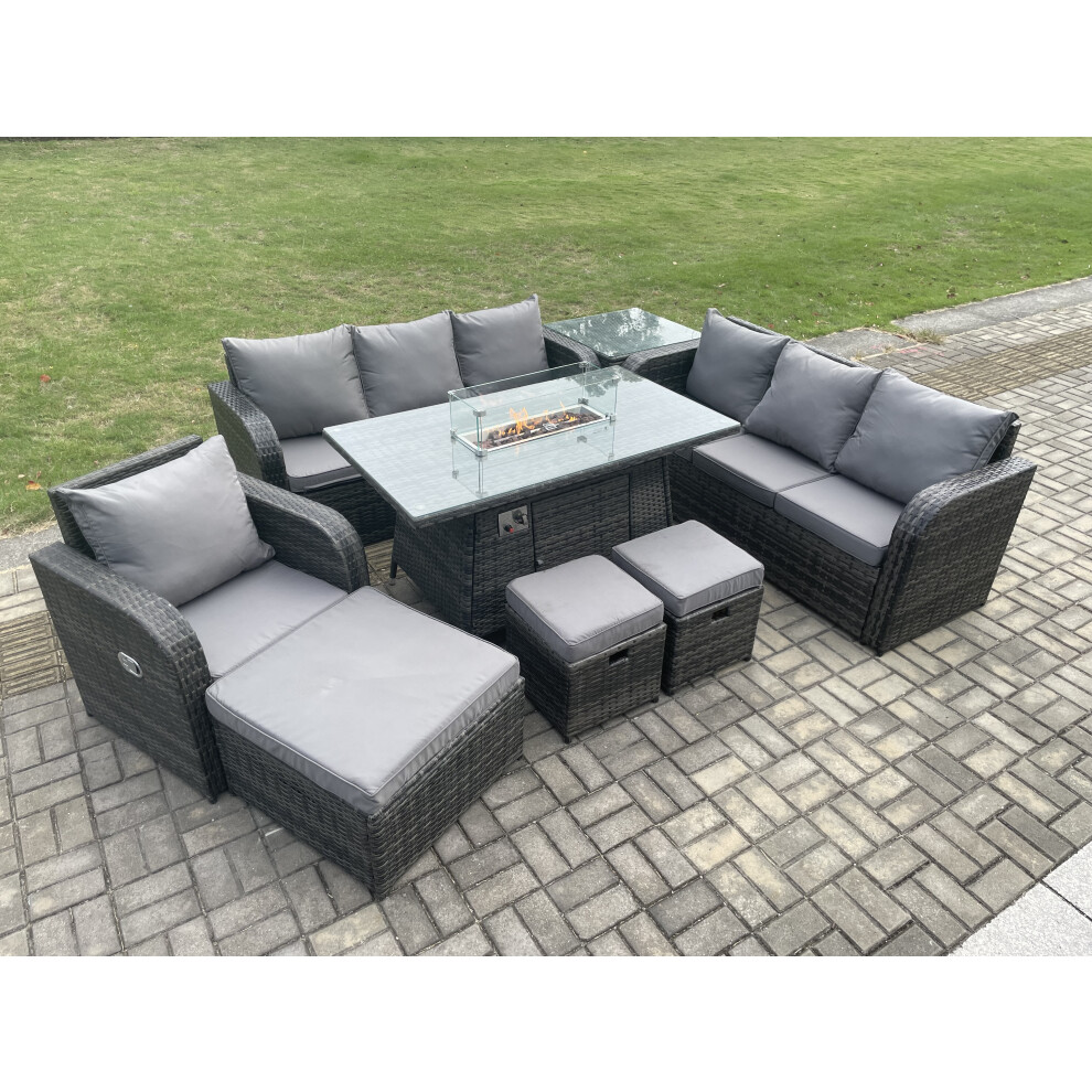 10 Seater Wicker Rattan Garden Furniture Set Gas Fire Pit Dining Table Reclining Chair 3 Seater Sofa Set Indoor Outdoor with Footstools