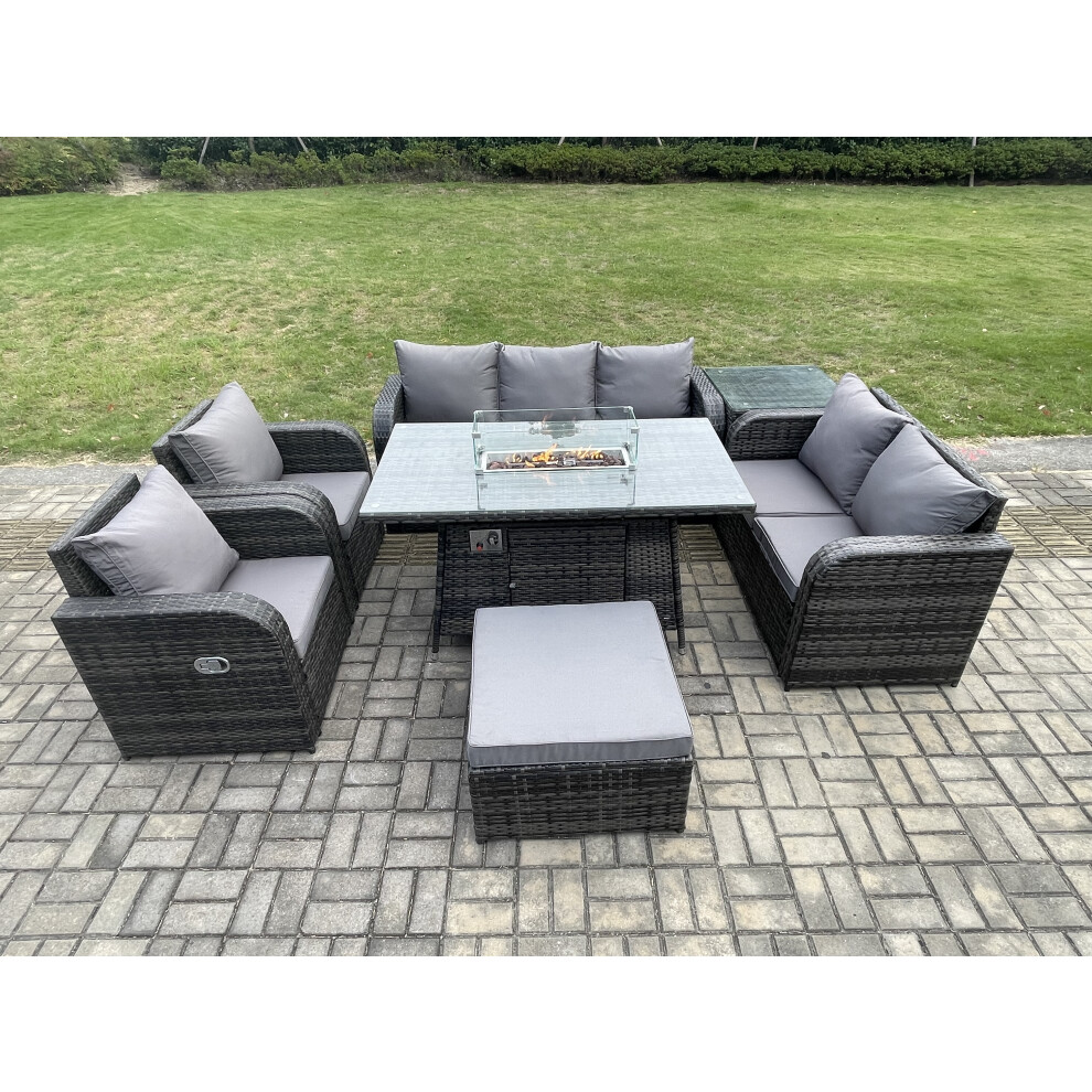 PE Wicker Outdoor Rattan Garden Furniture Set Propane Gas Fire Pit Table and Sofa Chair set with Side Table Big Footstool