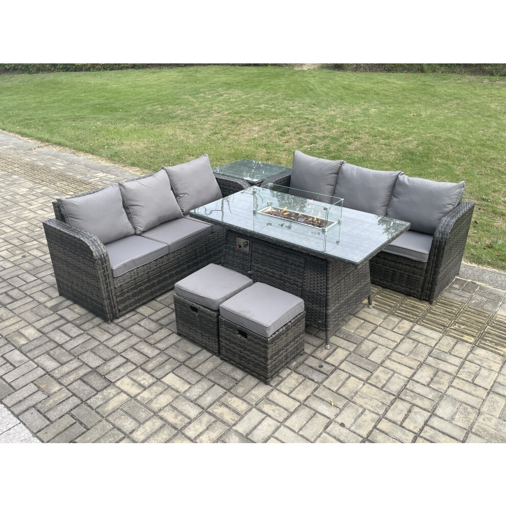 Rattan Garden Furniture Set with Fire Pit Table 8 Seater Outdoor Patio Lounge Sofa Set Dark Grey Mixed