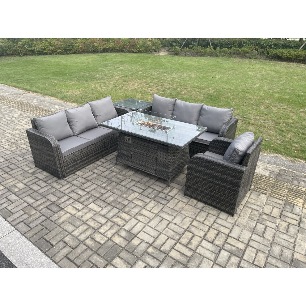 Rattan Outdoor Furniture Gas Fire Pit Dining Table Gas Heater Reclining Chair 3 Seater Sofa Sets with Side Table 7 Seater