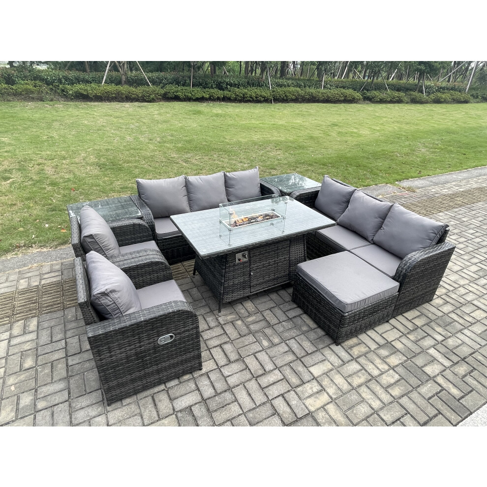 Wicker Rattan Garden Furniture Set Gas Fire Pit Dining Table Indoor Outdoor With 2 Side Tables Chair Loveseat Sofa Big Footstool