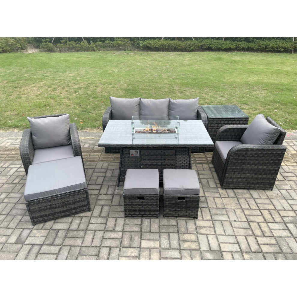 Wicker Rattan Garden Furniture Sofa Set Gas Fire Pit Dining Table Indoor Outdoor with Side Table Chair 3 Footstools