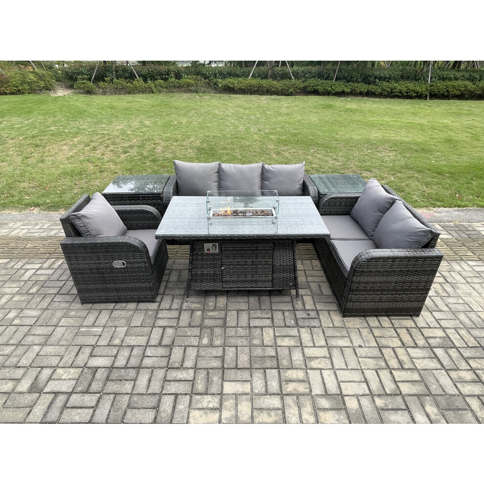 Garden Patio Furniture Wicker Rattan Gas Fire Pit Table and Sofa Chair set with 2 Side Tables